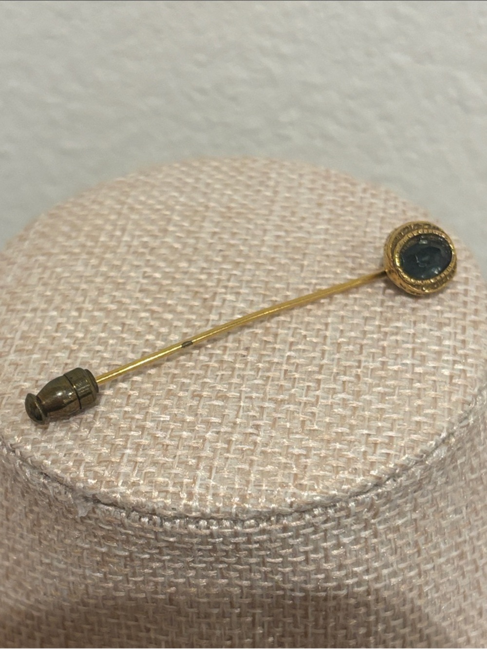 Vintage Gold Tone Round Bezel Rhinestone Stick Pin with End Clutch Guard